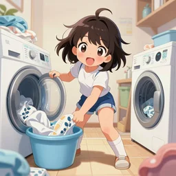 extreme kawaii girl doing laundry, epic digital art illustration, wide angle, masterpiece, dynamic perspective, anatomy skills, outstanding detail, illustration, colorgrading, LUTs, | 28mm |, great composition