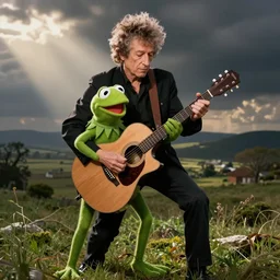 bob dylan hitting kermit the frog with his guitar, photograph