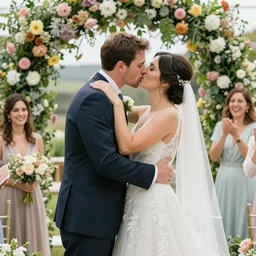 the groom kisses the bride at a wedding full of flowers, bright and happy, art, highly detail, 4 k realistic, wedding photo, louise dahl - wolfe, andrea kowch, sophie anderson, lilia alvarado