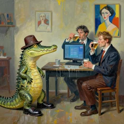 a crocodile with shoes and hat looking at two men in costume drinking beer with computer, vincent lefevre and joakim ojanen and robert crum and hilma af klint and philip gusin, psychological, photorealistic, dripping paint, washy brush, rendered in octane, altermodern, masterpiece