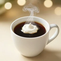a mug of steaming black coffee with a small amount of whipped cream on top, food photography, bokeh!, warm colors