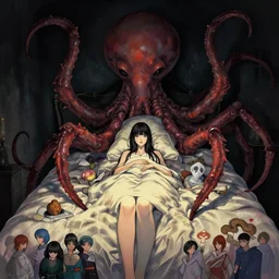 my bed giant girl cuthulu in the dark by gaston bussiere, anna nikonova aka newmilky, greg rutkowski, yoji shinkawa, yoshitaka amano, tsutomu niehi, moebius, donato giancola, geoffroy thoorens, concept art, trending on artstation, featured on pixiv, cinematic composition, 8 k