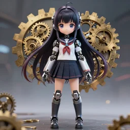full body anime portrait of a cute android girl round eyes long hair dressed in a school uniform powered by cog wheels cinematic stunning highly detailed 4 k anatomically correct