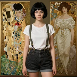a girl with black hair pixie cut in shorts with suspenders drawn by joseph leyendecker, frank frazetta, peter paul rubens, alphonse mucha, gustav klimt 8k, 4k, unreal 5, DAZ, trending on artstation, octane render, hyperrealistic