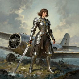 steam punk amelia earhart on a mystical island wearing armor fashioned from her crashed plane and a sword made from a plane wing. art by gaston bussiere