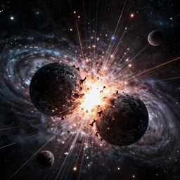 2 black holes colliding in space causing an explosion that tears reality, high quality digital art