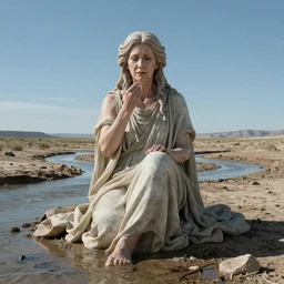 65-year-old giant Gaia Goddess shedding one emotionless tear as she sits on a dried up river in a desolate land, blue sky, hot and sunny, highly-detailed, elegant, dramatic lighting, artstation, 4k, cinematic landscape, photograph by Elizabeth Gadd