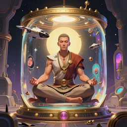 overwatch monk meditating inside, cubical bubble, perfect expression, subconscious connects, purified consciousness, regal refined realistic, distinguished, elegant, man piloting spacecraft through time, dieselpunk magical portals, elegant, dramatic lighting, maximalist heavy metal, graphic novel, artifact, illustrated, superflat simon stalenhag, fiona staples, dustin nguyen, peter elson, alan bean,