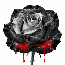 a black and white rose with red dripping paint, artwork by victo ngai