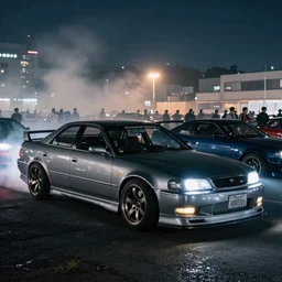 a car JZX90 twin turbo drift at illegal car meet, Tochigi prefecture, city midnight mist lights, cinematic lighting, photorealistic, highly detailed wheels, high detail