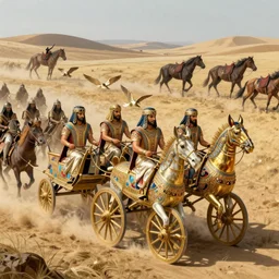 assyrian chariots charge, african steppe, intricate, elegant, highly detailed, digital painting, artstation, concept art, smooth, sharp focus, illustration, orientalism, bouguereau, rutkowski, mucha