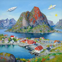 lofoten landscape in the style of dr. seuss, starships, painting by raphael lacoste