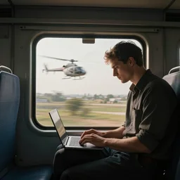 a man sitting on top of a moving train working on his laptop, high shutter speed taken from a helicopter