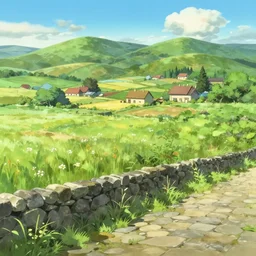 an anime movie background matte painting of a meadow in the countryside, rolling hills, cottages, fields, cobblestone road, old stone wall, by Makoto Shinkai, trending on Artstation, highly detailed