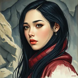 girl in burgundy patterned snakeskin, long black hair, cave hills biome. highly detailed, digital painting, watercolor, soviet realism, engraving, artstation, concept art, smooth, sharp focus, vivid grunge, manga, illustration, unreal engine 5, 8 k, art by bilibin and kilian eng and kuvshinov and malevich and mucha