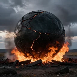 A giant shiny black sphere, crashed in the ground, cracks, gas fire, viewed from the side, hd photograph