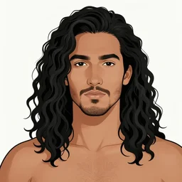 illustration of a handsome!! man with long black curly hair + tan skin + anchor goatee, guitar | wearing a cowboy hat with a skull emblem | art by hirohiko araki & jean giraud & artgerm & jack kirby | artstation, character design, concept art, full body, digital painting | intricate, high detail, smooth, sharp focus