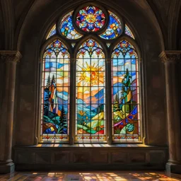 beautiful digital matter cinematic painting interior with a large fancy stained glass window greg rutkowki artstation