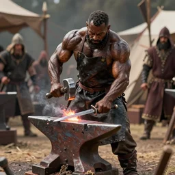 a muscular dwarf blacksmith with full length blacksmith apron!!!, swinging hammer down forging a sword on an iron anvil, cinematic, medieval, renaissance festival, realistic, tabletop miniatures!!!!!!!, product photos!!!!!! by greg rutkowski, craig mullins, archvillain, blizzard, hearthstone, wotc