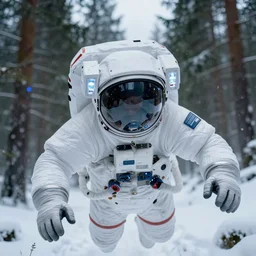 close - up portrait of space astronaut with white spacesuit flying inside siberian big green pines snow forest, close - up helmet. small foggy and gloomy, blue lights, bokeh background, close - up shot, highly detailed science fiction illustration by jeremy geddes. photorealistic, octane render, hyper detailed, 8 k, movie still, artstation, unreal engine