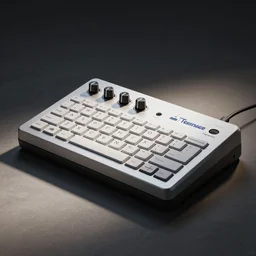 “Futuristic attractive stylish minimalist analytical pocket synthesizer with physical keyboard designed by Teenage Engineering”