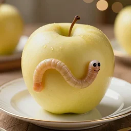 a golden delicious apple sitting on fine china, ultrarealistic, a friendly worm pokes it's head out of the apple, bokeh, detailed, hq 8 k 4 k, superior detail, dramatic lighting, intense, octane render.