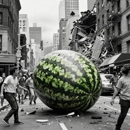 Photo of a giant watermelon falling onto the streets of New York City makes everyone panic, surrounding buildings are destroyed, chaos is visible, color photo is not black and white