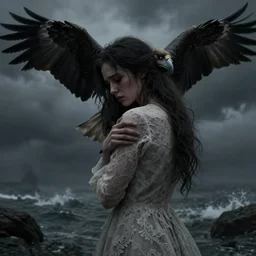 cinestill 5 0 d panorama of a woman by roversi with a hawke on her shoulder, gloomy, pain, sad, intricate, elegant, sharp focus, artstation, dress in lace in a dystopian stormy seascape, pale dark matte, sharp focus, illustration, octane render, unreal engine, art by roberto ferri greg rutkowski, epic fantasy, digital photo art
