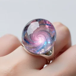A magical ring made of crystal, 3mm thick, worn on a human finger. A pink and blue tornado rages in the crystal interior. 4K 85mm, f/8, studio lighting, jewellery photo