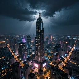 aerial shot of the impressive dystopian cyberpunk city at night during amazing storm, nightscape, futuristic architecture, realistic photo, neons