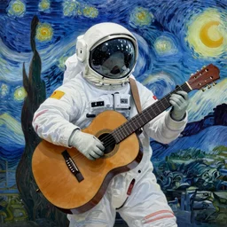 'high definition cg painting of a soviet cosmonaut playing the guitar in the style of van gogh's starry night'