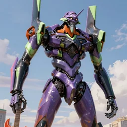< 3 d huge mecha > in the style of < neon genesis evangelion > with a < mechanical guitar > in hand, movie poster, < full body robot >, 3 d anime, arcane style, retropunk, steampunk, high resolution, 4 k, retrofuturism, studio ghibli, simon stalenhag