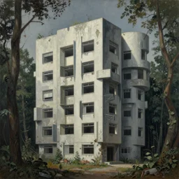 a painting of a building in the middle of a forest, a detailed matte painting, brutalism, dystopian art, rough, unfinished surfaces, unusual shapes, straight lines, greeble, oil paint, insanely detailed and intricate, hypermaximalist, elegant, ornate, hyper realistic by eugene von guerard, francisco goya, caravaggio and zdzislaw beksinski, peter gric