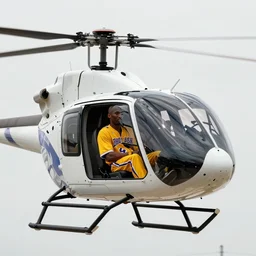 Side shot of kobe bryant sitting in a helicopter, 8k resolution, amazing detail, shot in the air