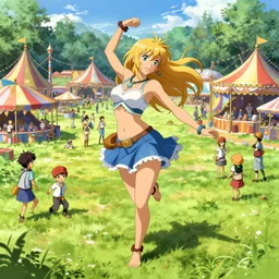 greg manchess concept art of a beautiful blonde cavewoman ayla dancing at the millennial fair from chrono trigger, outdoor fairgrounds, grass, trees, colorful striped pavillions, key visual, highly detailed, extremely detailed, digital painting, trending on artstation, concept art, sharp focus, by makoto shinkai and akihiko yoshida and hidari and wlop