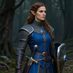 detail body portrait of pretty girl chain mail, blue surcoat, female, middle age, fantasy, dark forest, digital art, award winning, scabbard, shield, saphire medallion leather gloves, wide belt, elf, long weaving brown hair, celshading, sharp focus, intricate, looks right by loles romero, greg rutkowski, ilya kuvshinov