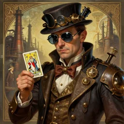 enrico letta, wearing a steampunk themed costume, aviator glasses, tarot card, deep focus, d & d, industrial revolution, workers of the world unite, steampunk, intricate, elegant, highly detailed, soviet colors, digital painting, artstation, concept art, matte, sharp focus, factories in the background, illustration, hearthstone, art by artgerm and greg rutkowski and alphonse mucha