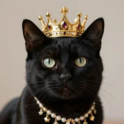 a beautiful portrait of Black cat as a queen with a golden crown an jewelry, 8k ultra realistic details, digital art