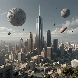 A panoramic view of a city built atop a crashed meteor, concept art, speculative science fiction, detailed, high quality, 4K