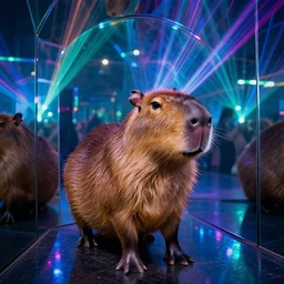 travolta capybara inside a mirror tunnel colored laser show, 8 k