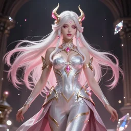 a beautiful female god character from hades game, character is in all its glory, character is centered on the image, rim lights, highly detailed professional photo, dynamic lights, particles and crystals are flying, very deep depth of field, trending on artstation, illustration, hyper realistic, super detailed, pink accents