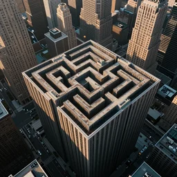 new york skyscrapers forming a maze shot by ridley scott, aerial shot, cinematic, wide lens, drone shot