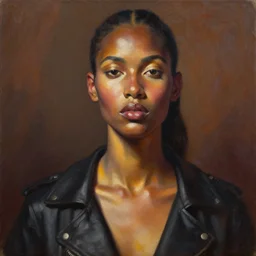 detailed portrait in strong femininity, ethnic, realistic face sculpted features, statuesque model, modern fashion, aggressive street outfit, warm glow, supple, bathed in light, chiaroscuro, specular highlights, angular impressionism, radiosity, deep rich tones, contemporary art, oil on canvas