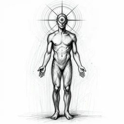 a man experiencing a spiritual awakening, evolution, psychic, third eye, the universe, psychedelic :: full body, full body character concept, single face, sketch, scribble sketch, line sketch, detailed line sketch, small details, black and white sketch