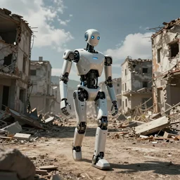 color video footage, a robot walking in the destroyed town,