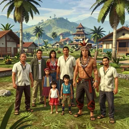 highly detailed huaorani family - on its side in gta v, in a town in the ecuadorian amazon, stephen bliss, unreal engine, fantasy art by greg rutkowski, loish, rhads, ferdinand knab, makoto shinkai and lois van baarle, ilya kuvshinov, rossdraws, tom bagshaw, global illumination, detailed and intricate environment - w 7 6 8