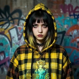 highly detailed portrait of a moody sewerpunk young adult lady with a tartan hoody by krenz cushart, by artem demura, by alphonse mucha, by kaethe butcher, gradient yellow, black, brown and cyan color scheme, grunge aesthetic!!! ( ( graffiti tag city background ) )