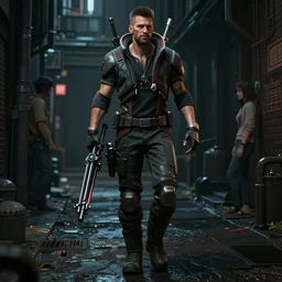 a detailed full bodied 3 d render of an extremely handsome jensen ackles as the terminator walking down a dark alley in cyberpunk 2 0 7 7, holding futuristic crossbow, volumetric lighting, octane render, 8 k, art by hayao miyazaki and hideo kojima