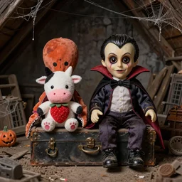 professionally made ultrarealistic Halloween themed vintage vampire squid doll accompanied by an ultra realistic kawaii strawberry cow plush, the two are friends and are seated by an old box in a dusty cobweb filled attic