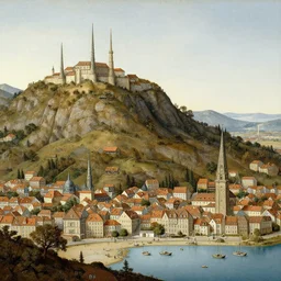 an ultra detailed matte landscape painting of an german renaissance capital city built into the side of a mountain with many tall spirally towers, sweeping vista, tiny coastal fishing village very far away, ultrawide lens, aerial photography, 8 k, volumetric lighting, smooth, highly detailed, digital illustration, art by greg rutkowski and akira toriyama and artgerm